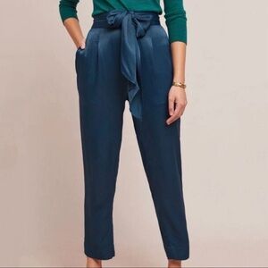 Anthropologie Ett Twa Crop Pants Womens 14 Turquoise Satin Tie Waist NEW